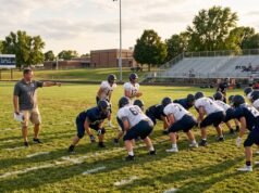 How Long Does the High School Football Season Last? High school football players in full pads practicing on a grass field during the preseason season.