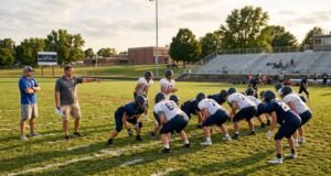 How Long Does the High School Football Season Last? High school football players in full pads practicing on a grass field during the preseason season.