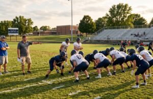 How Long Does the High School Football Season Last? High school football players in full pads practicing on a grass field during the preseason season.