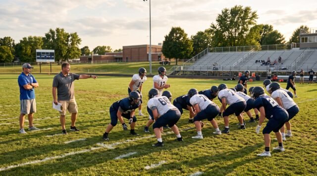 High School Football Preseason Practice High school football players in full pads practicing on a grass field during the preseason season.