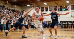 How Long Are High School Basketball Games? A Complete Breakdown High school basketball game in progress with scoreboard clock visible during a fourth-quarter play in a packed gymnasium.
