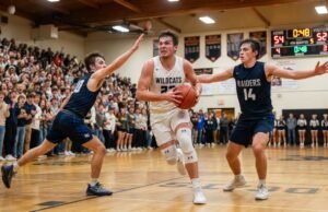 How Long Are High School Basketball Games? A Complete Breakdown High school basketball game in progress with scoreboard clock visible during a fourth-quarter play in a packed gymnasium.