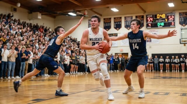 High School Basketball Game Clock and Live Action High school basketball game in progress with scoreboard clock visible during a fourth-quarter play in a packed gymnasium.
