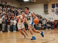 When Does High School Basketball Season Start? 2026–27 Season Dates by State High school basketball player driving to the basket during the first game of the 2026–27 season in a packed gym.