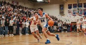 When Does High School Basketball Season Start? 2026–27 Season Dates by State High school basketball player driving to the basket during the first game of the 2026–27 season in a packed gym.