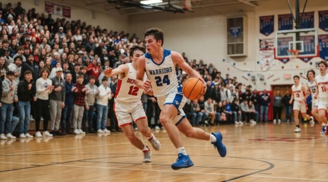 High School Basketball Season Opener 2026–27 High school basketball player driving to the basket during the first game of the 2026–27 season in a packed gym.