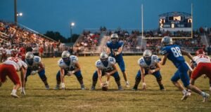 How Many Quarters Are in a High School Football Game? Full Breakdown High school football players lined up at the line of scrimmage under Friday night lights with the scoreboard clock visible