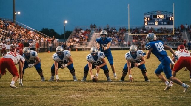 High School Football at the Line of Scrimmage High school football players lined up at the line of scrimmage under Friday night lights with the scoreboard clock visible