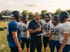 How does one become a high school football coach? A high school football coach with a clipboard instructing players during practice on a grass field