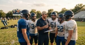 How does one become a high school football coach? A high school football coach with a clipboard instructing players during practice on a grass field
