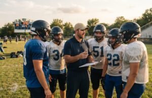 How does one become a high school football coach? A high school football coach with a clipboard instructing players during practice on a grass field