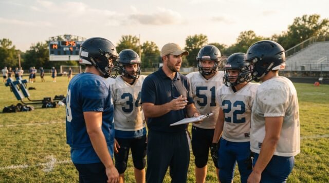 High School Football Coach Leading Practice A high school football coach with a clipboard instructing players during practice on a grass field